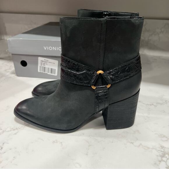 New VIONIC “CARNELIAN” BLACK LEATHER Stacked BLOCK HEEL ANKLE BOOTS/BOOTIES sz 9 - Picture 1 of 8